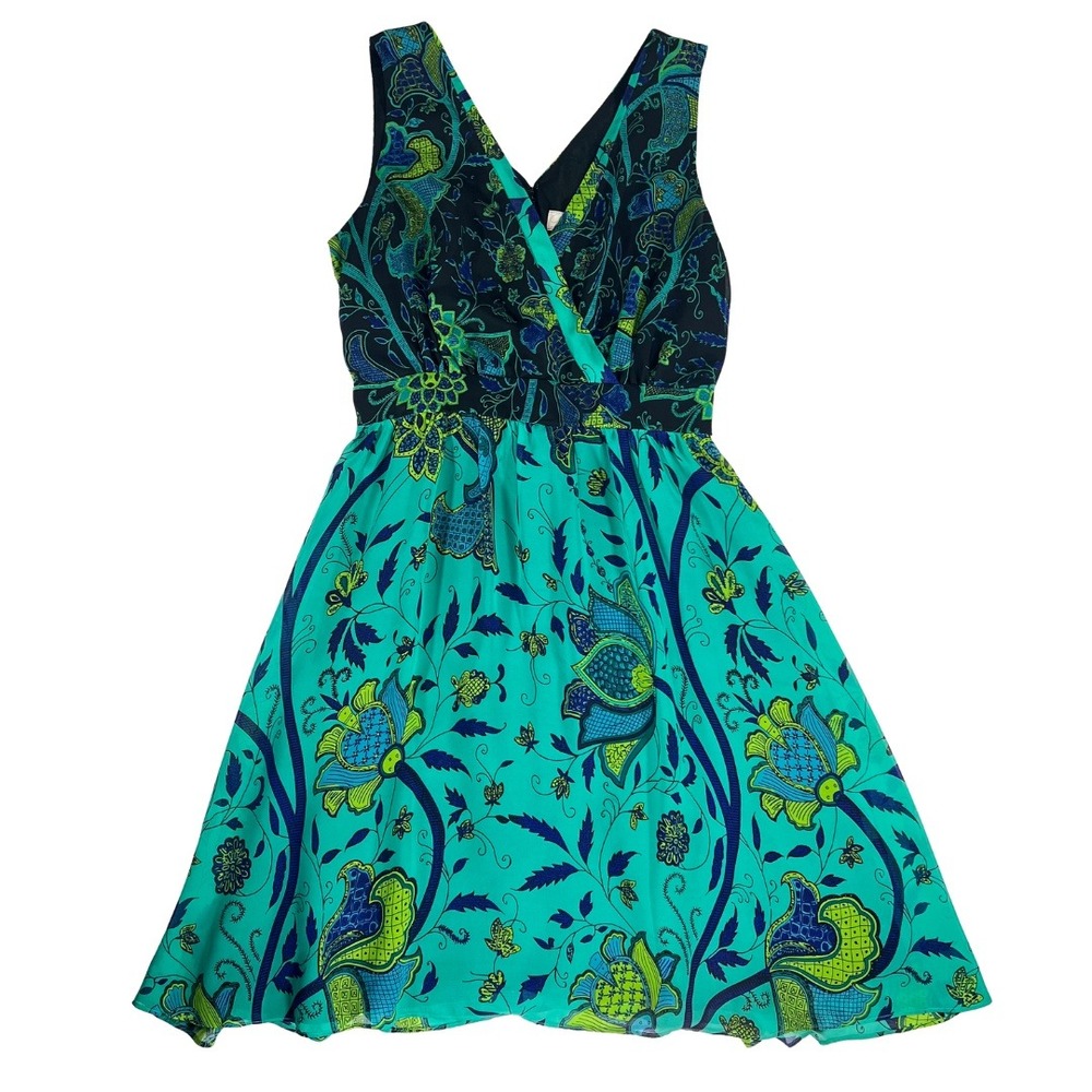 Lovely Adrianna Papell Dress 8 Teal Blue Floral Fit Flare Belted Cocktail